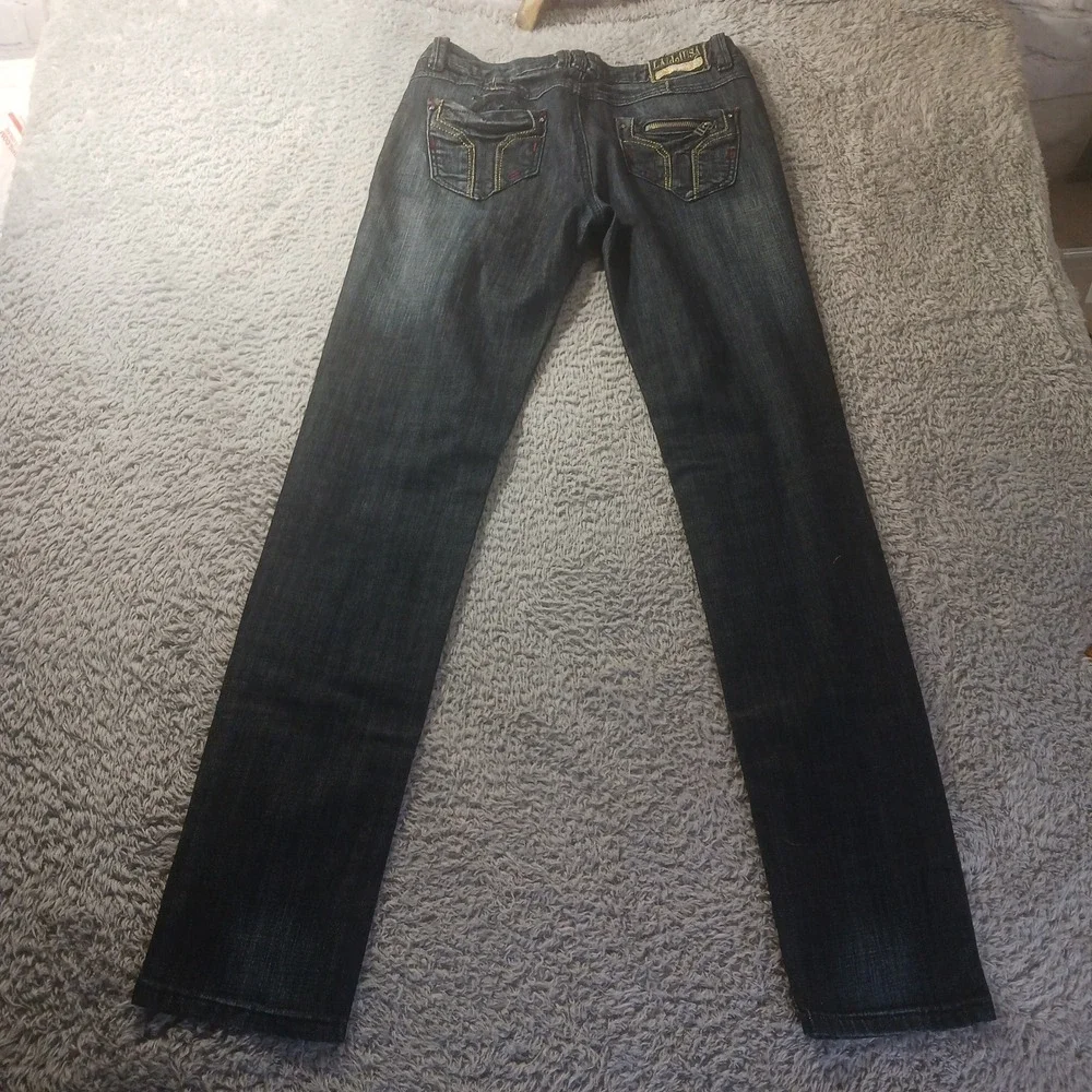 LA Idol USA‎ Jeans Sz 5 Skinny Fit Dark Wash Zip Pocket Bling READ